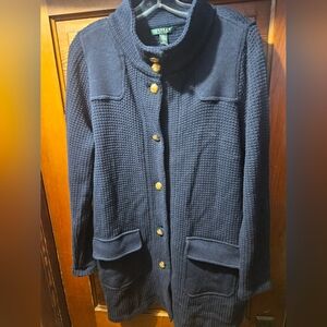 Ralph Lauren Navy Waffle Knit Cardigan with Gold Buttons